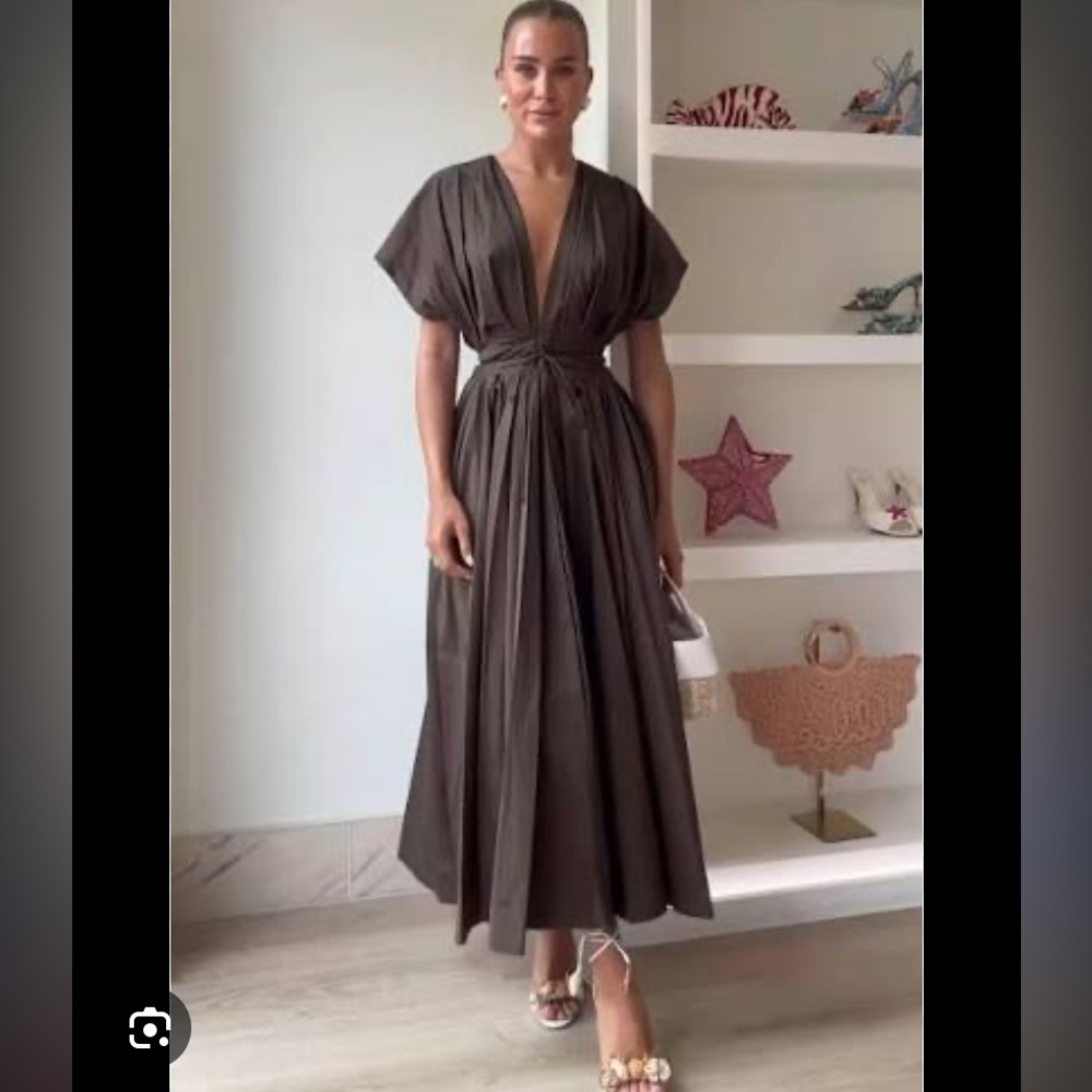 ZARA PLEATED MIDI DRESS ZW COLLECTION BROWN MEDIUM